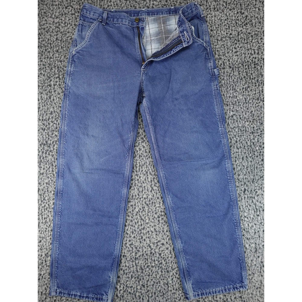 Carhartt Carpenter Jeans Mens 34 Blue Flannel Lined Workwear Denim Pant